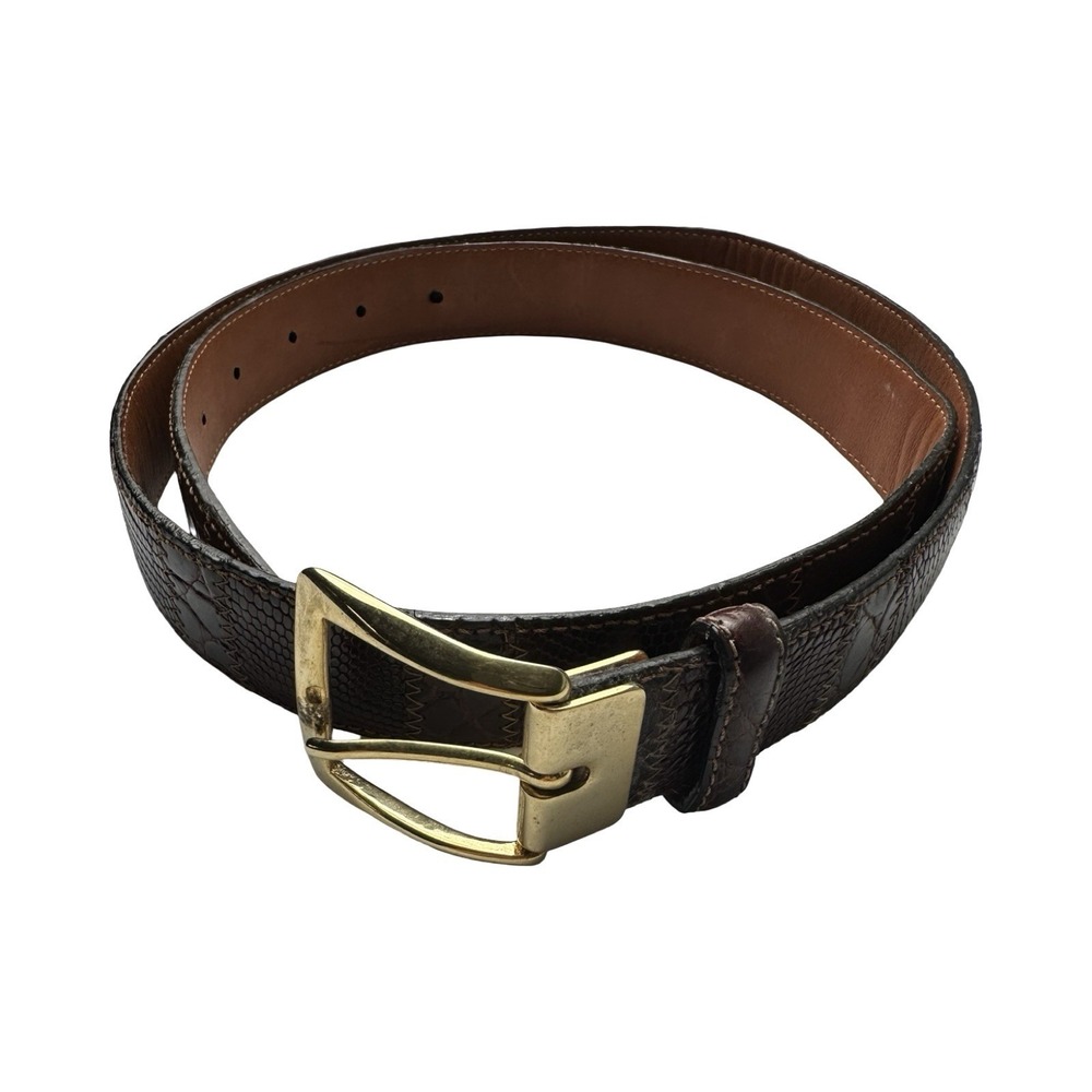 Bespoke Brown Crocodile Lizard Patchwork Mens Brass Buckle Belt Size 36 NWOT